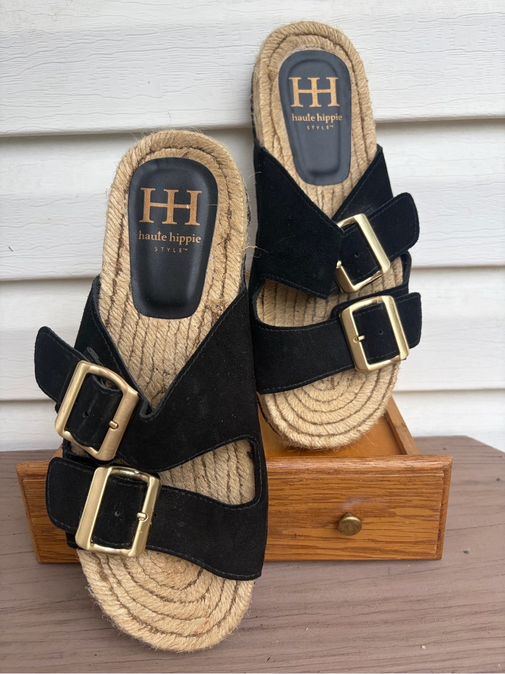 Haute Hippie Black Suede Double Buckle Espadrille Sandals 6.5